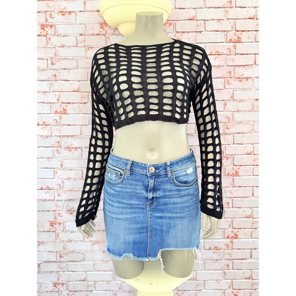 Black Open Knit Crochet Crop Top Long Sleeve Fishnet Mesh Sweater Large